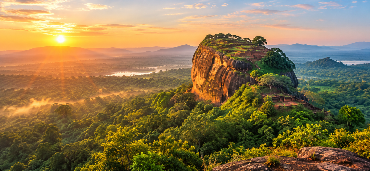 Sigiriya rock fortress rising above the surrounding jungle at dawn