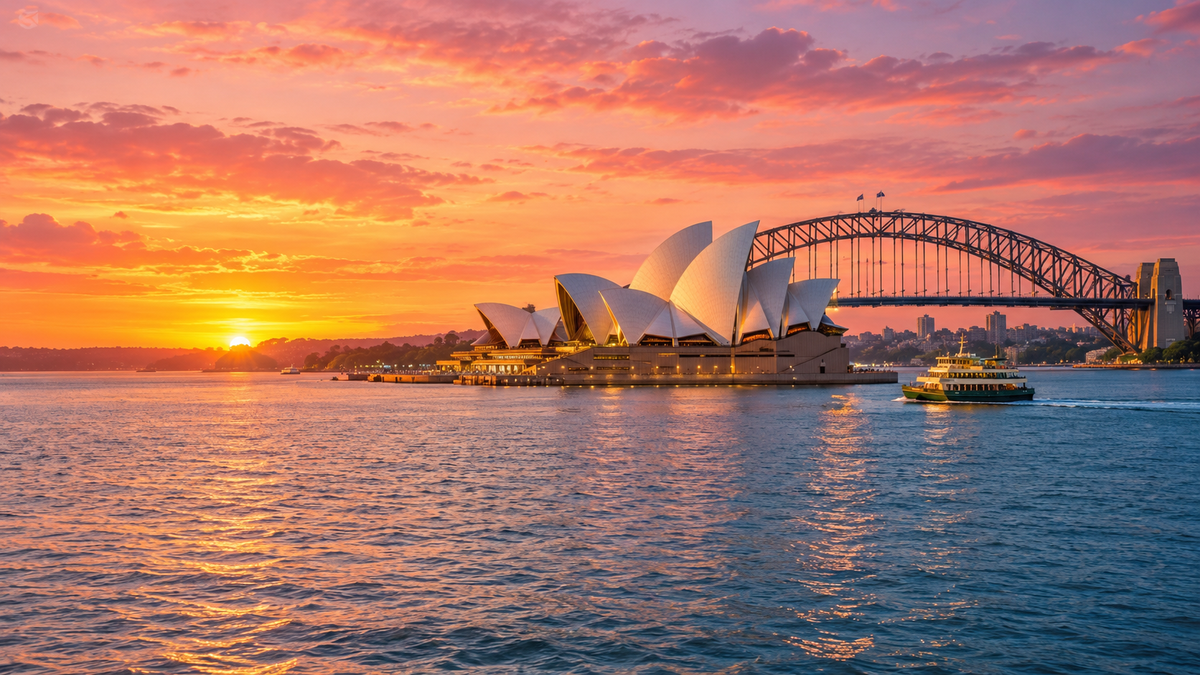 Sydney Opera House and the Harbour Bridge at sunset