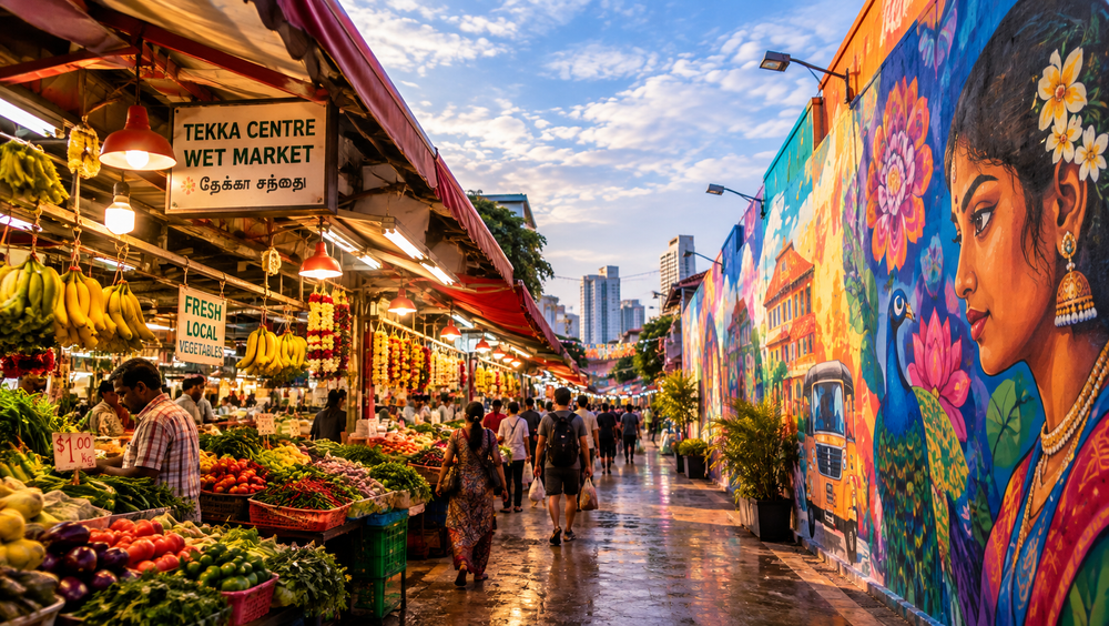 The wet market and street murals, Little India Singapore