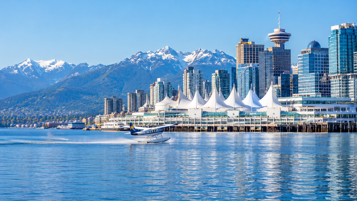 Canada Place on Vancouver's harbour, with the North Shore mountains behind