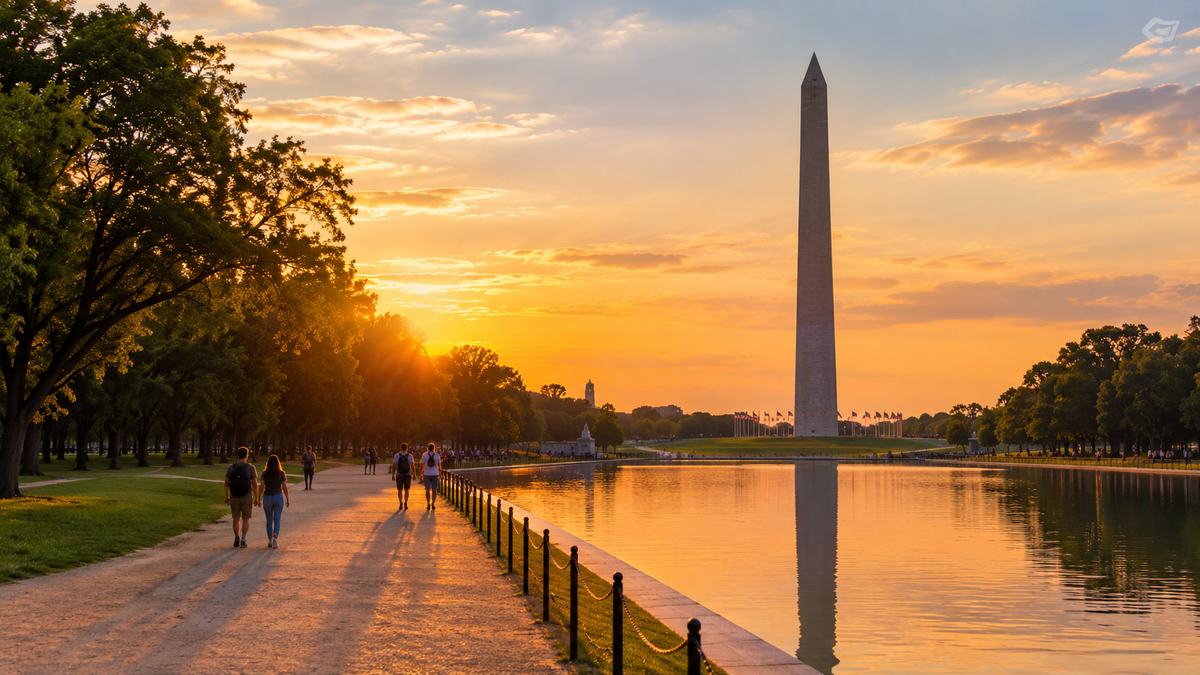 The National Mall looking toward the Washington Monument at golden hour