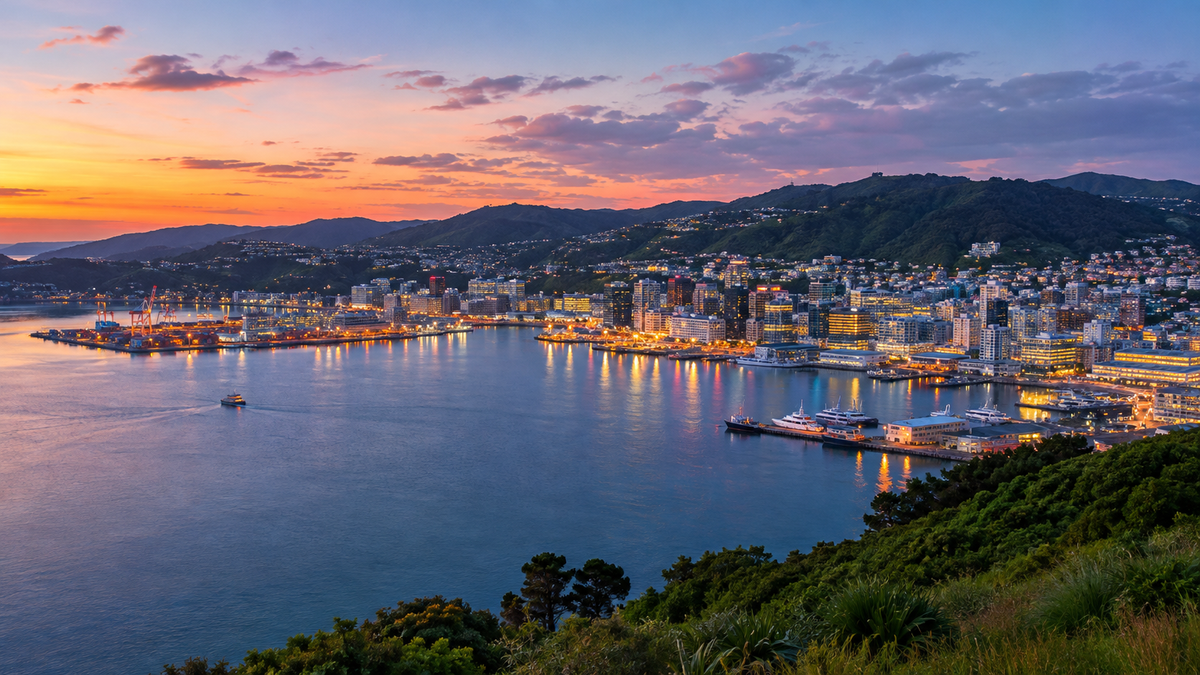 Wellington and its harbour seen from the Mount Victoria lookout at dusk