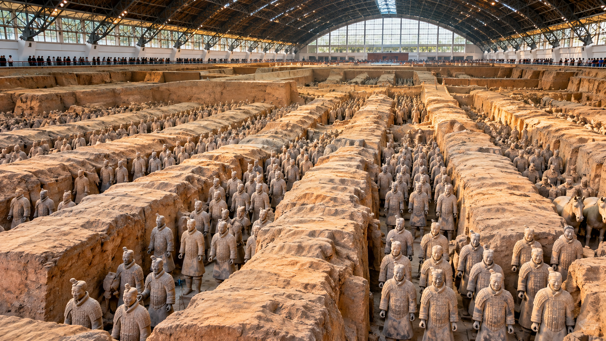 Rows of terracotta warriors in Pit 1 of the Terracotta Army museum near Xi'an