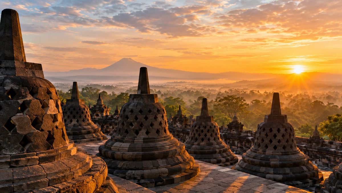 The stone stupas of Borobudur temple at sunrise near Yogyakarta