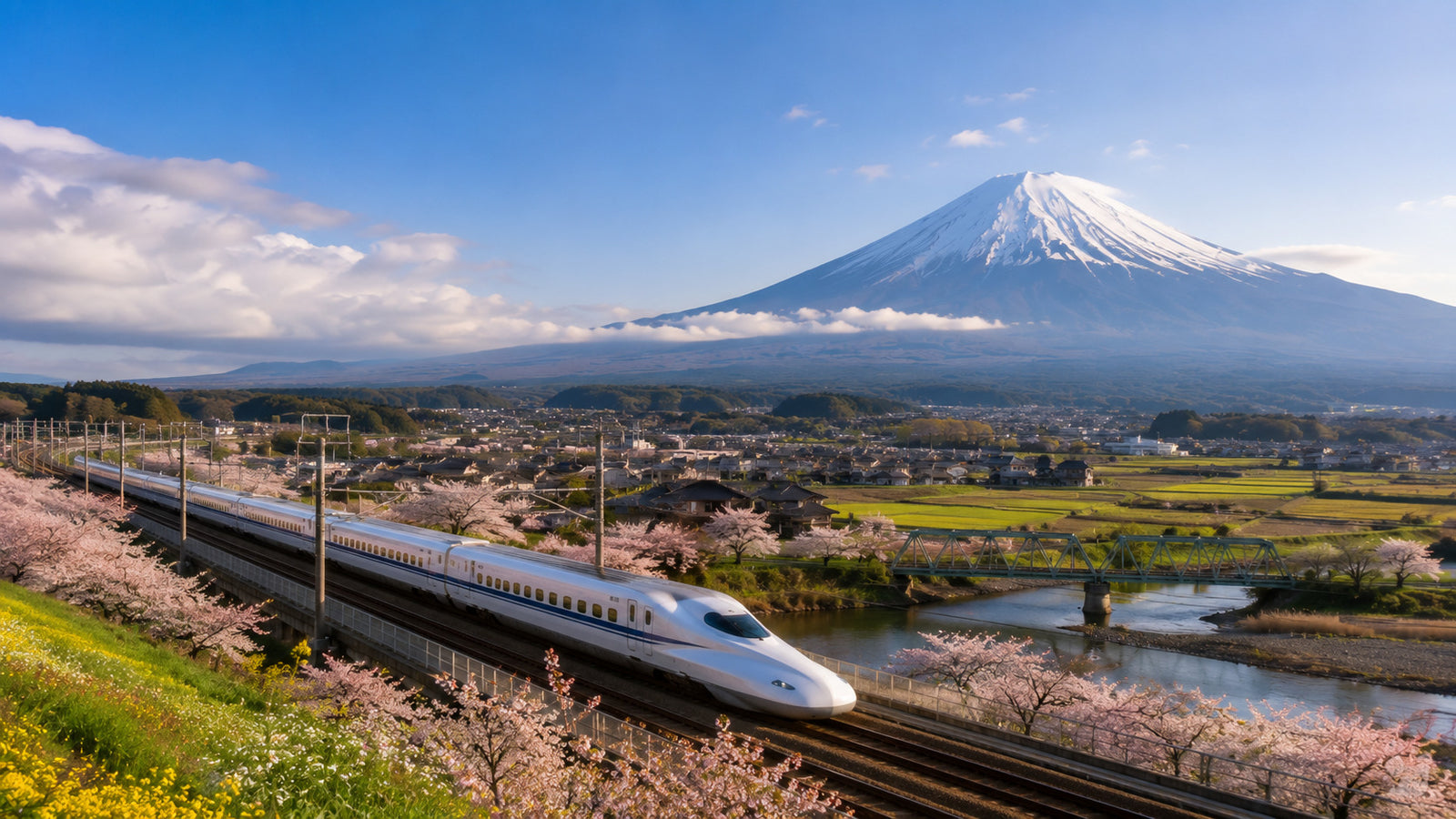 A Shinkansen crossing a bridge with Mount Fuji behind