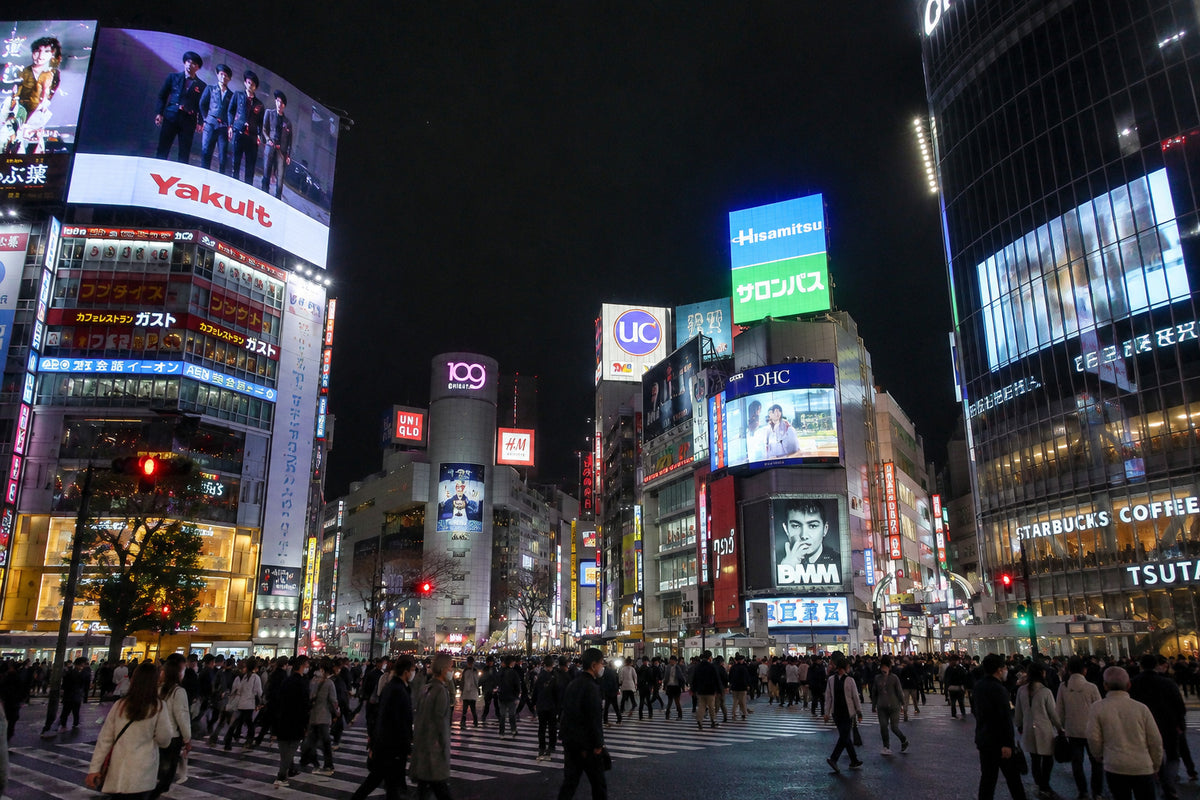 The Shibuya Scramble crossing in Tokyo seen from above